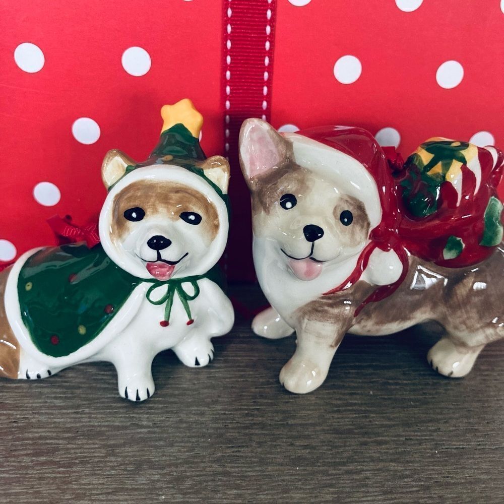 Blue Sky Corgi Dog Christmas Holiday Ceramic Ornaments Set